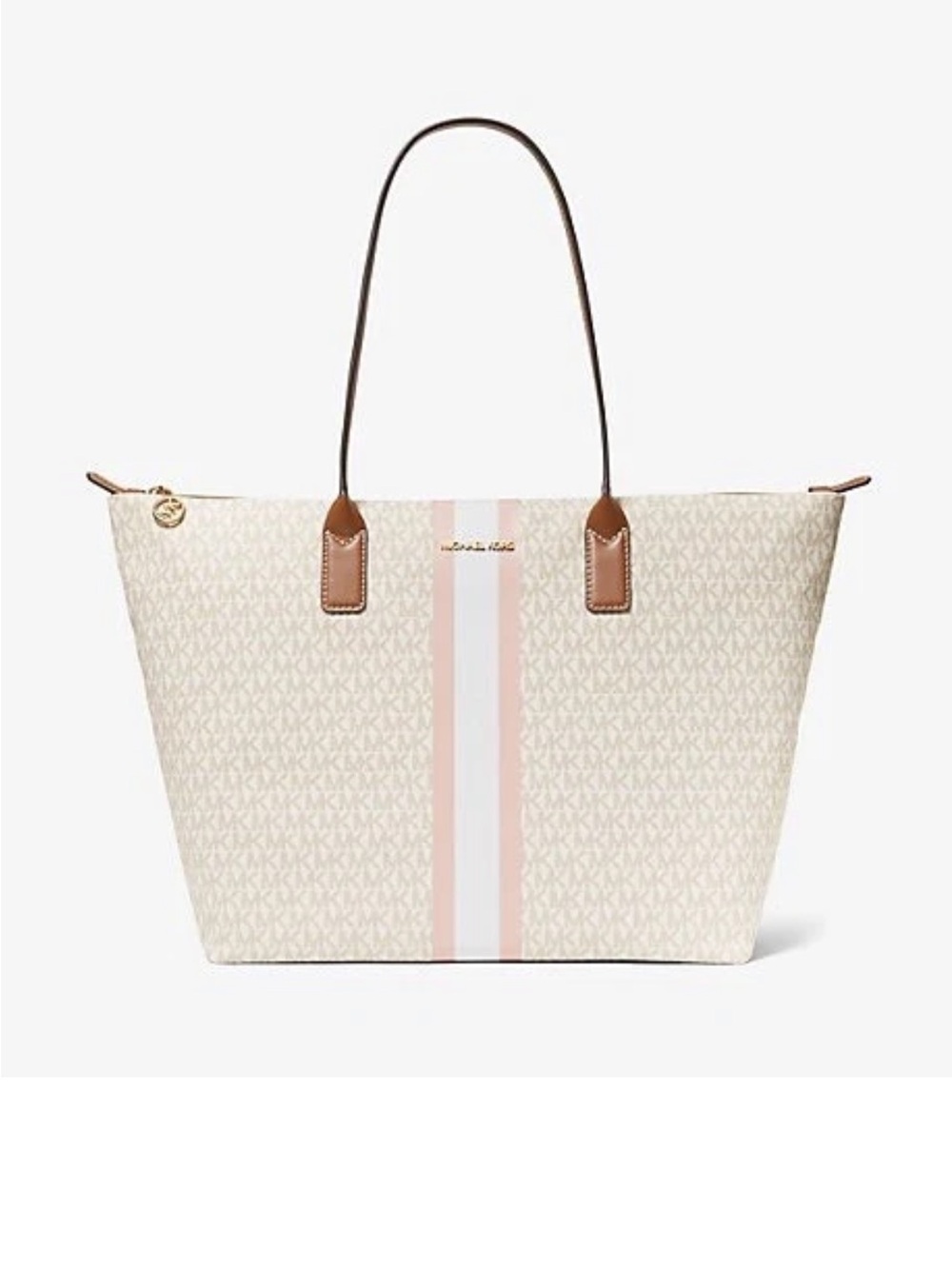 Michael Kors Cream and Pink Stripe Logo Tote - Picture 2 of 8